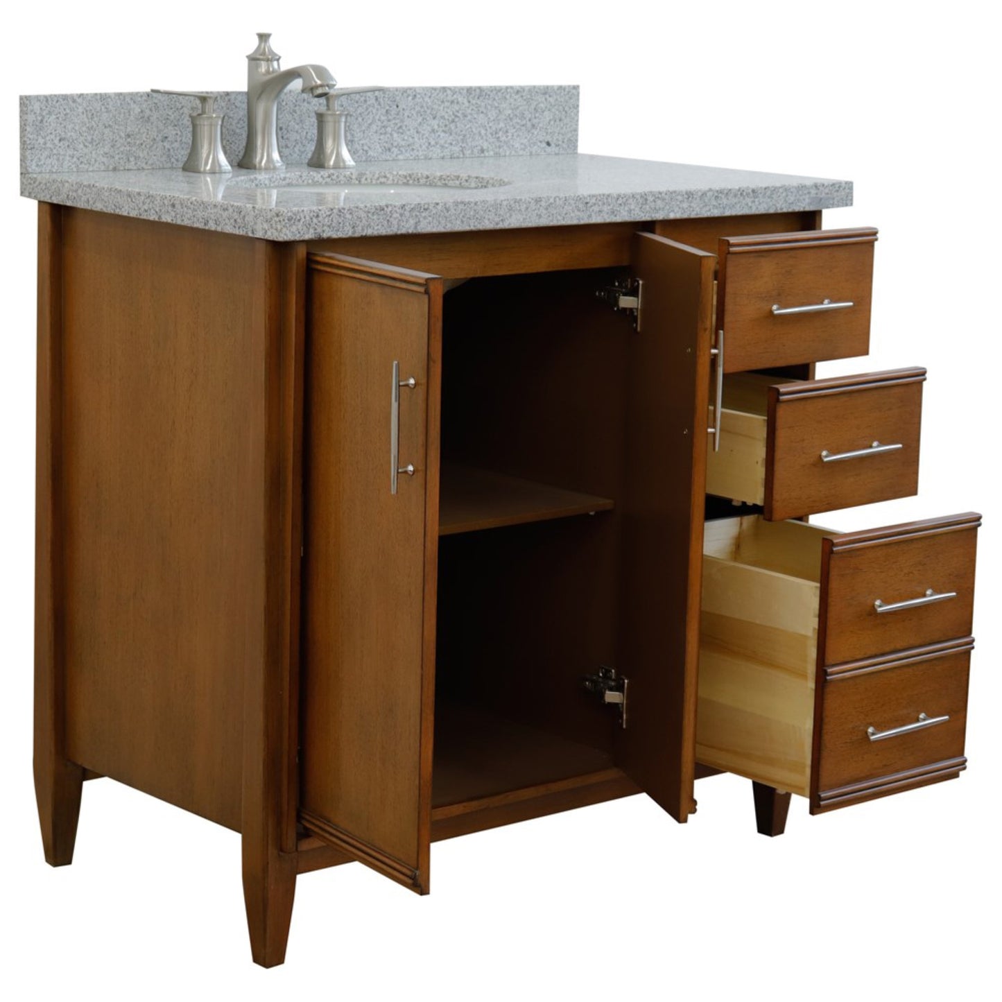 37" Single vanity in Walnut finish with Gray granite and oval sink Left door/Left sink