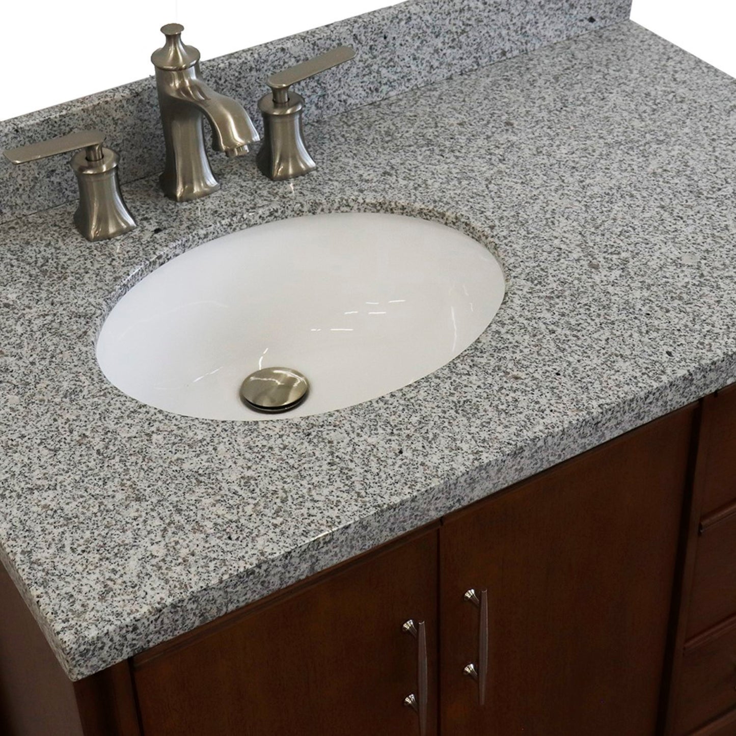 37" Single vanity in Walnut finish with Gray granite and oval sink Left door/Left sink
