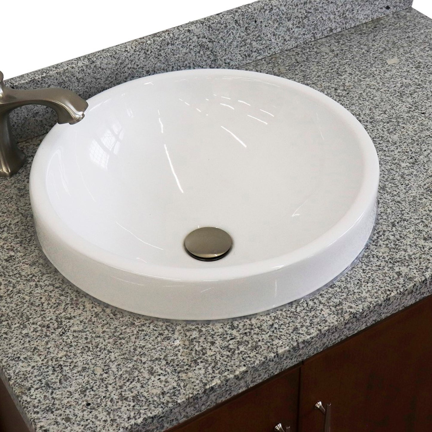 37" Single vanity in Walnut finish with Gray granite and round sink Left door/Left sink
