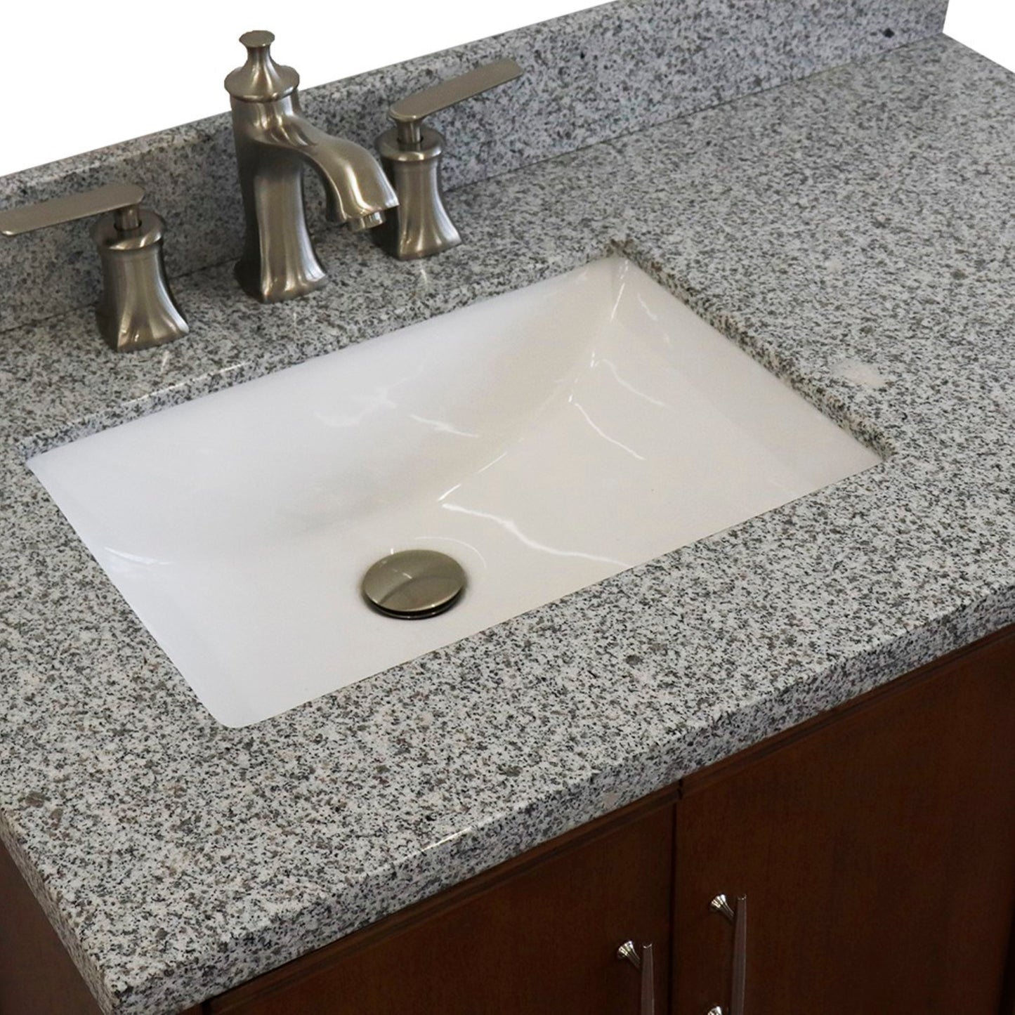 37" Single vanity in Walnut finish with Gray granite and rectangle sink Left door/Left sink