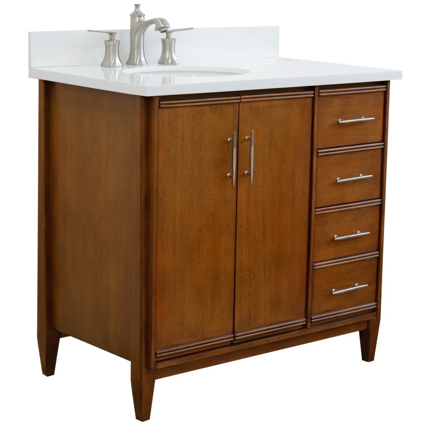 37" Single vanity in Walnut finish with White engineered stone and oval sink Left door/Left sink