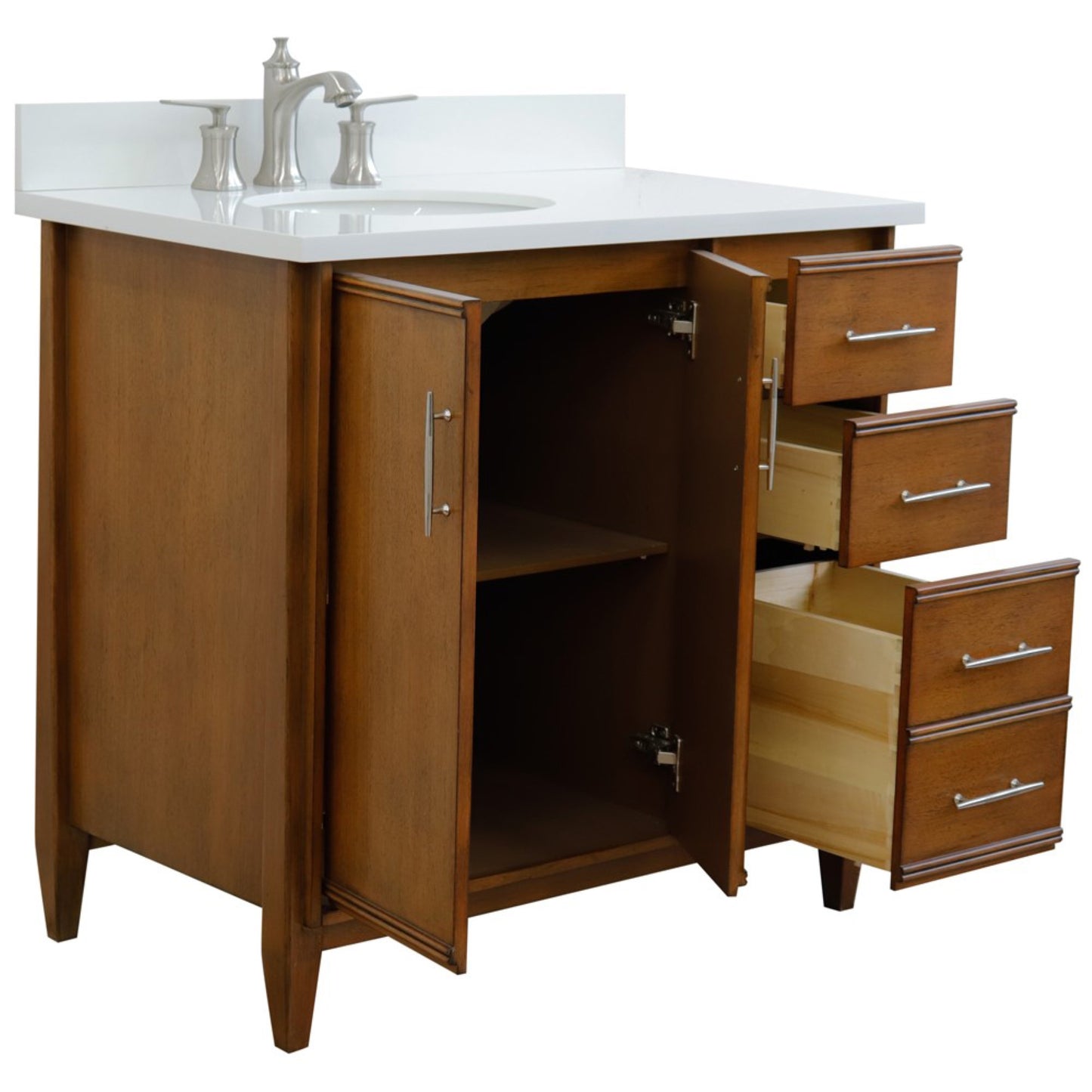 37" Single vanity in Walnut finish with White engineered stone and oval sink Left door/Left sink