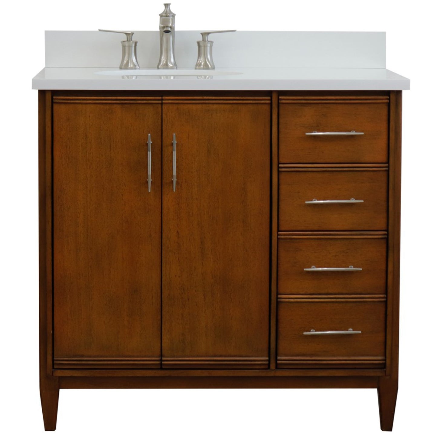 37" Single vanity in Walnut finish with White engineered stone and oval sink Left door/Left sink