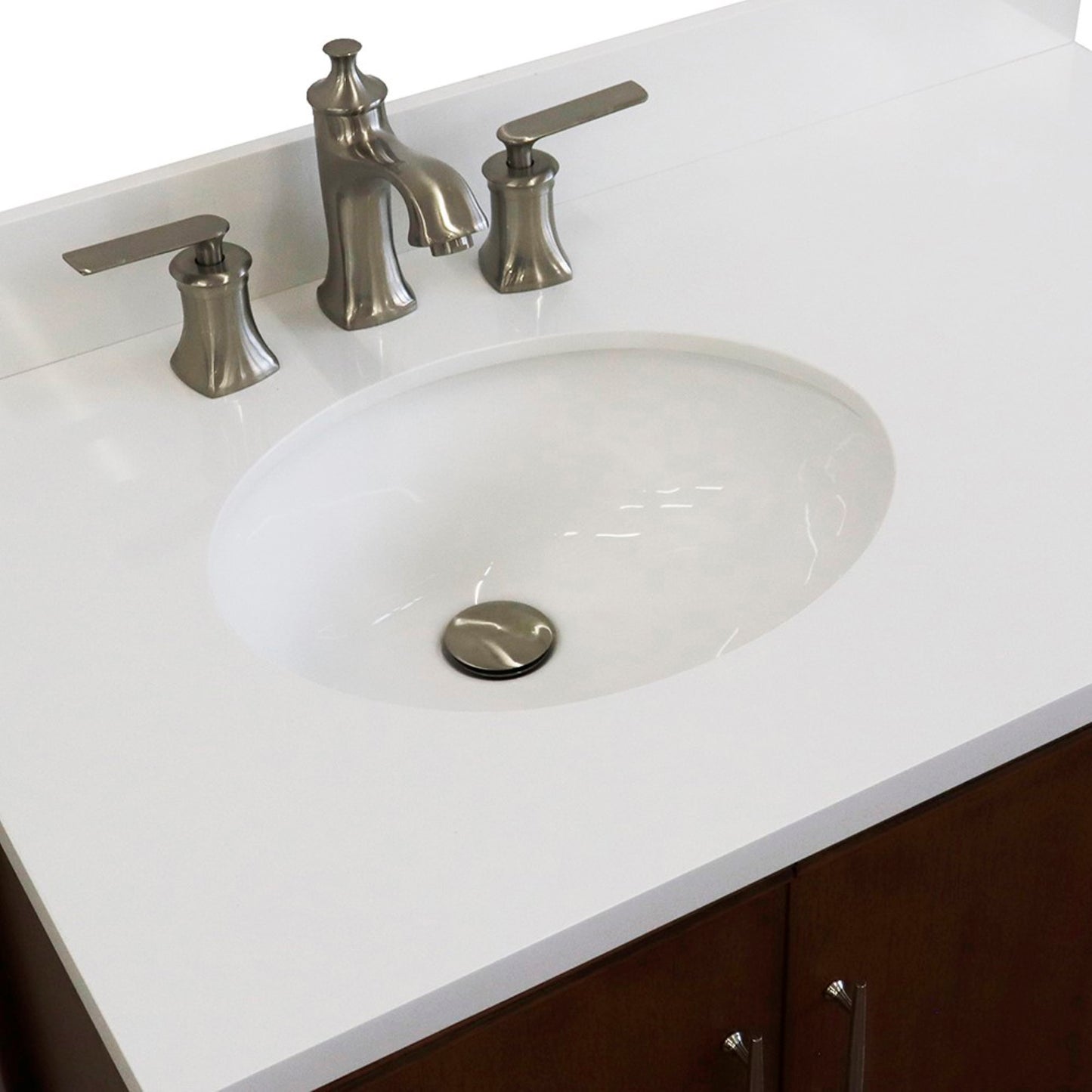 37" Single vanity in Walnut finish with White engineered stone and oval sink Left door/Left sink