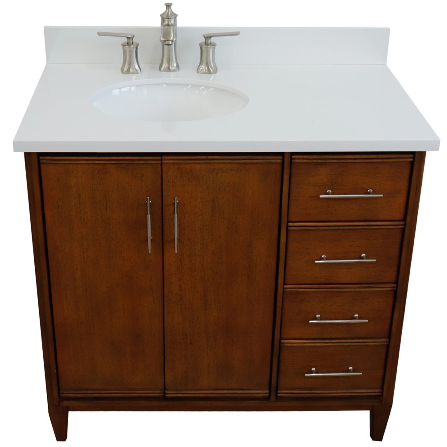 37" Single vanity in Walnut finish with White engineered stone and oval sink Left door/Left sink