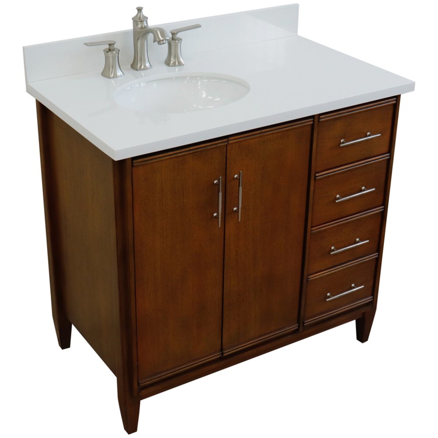 37" Single vanity in Walnut finish with White engineered stone and oval sink Left door/Left sink