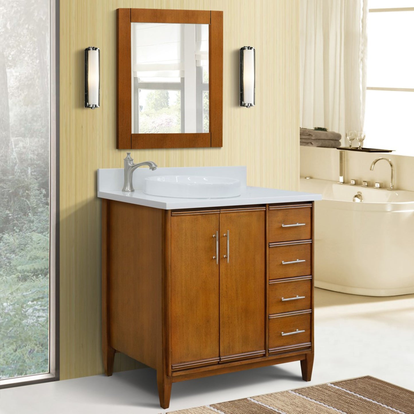 37" Single vanity in Walnut finish with White engineered stone and round sink Left door/Left sink