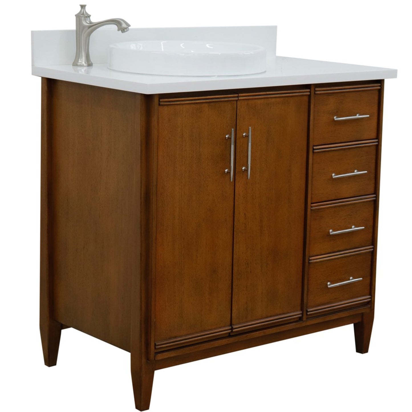 37" Single vanity in Walnut finish with White engineered stone and round sink Left door/Left sink