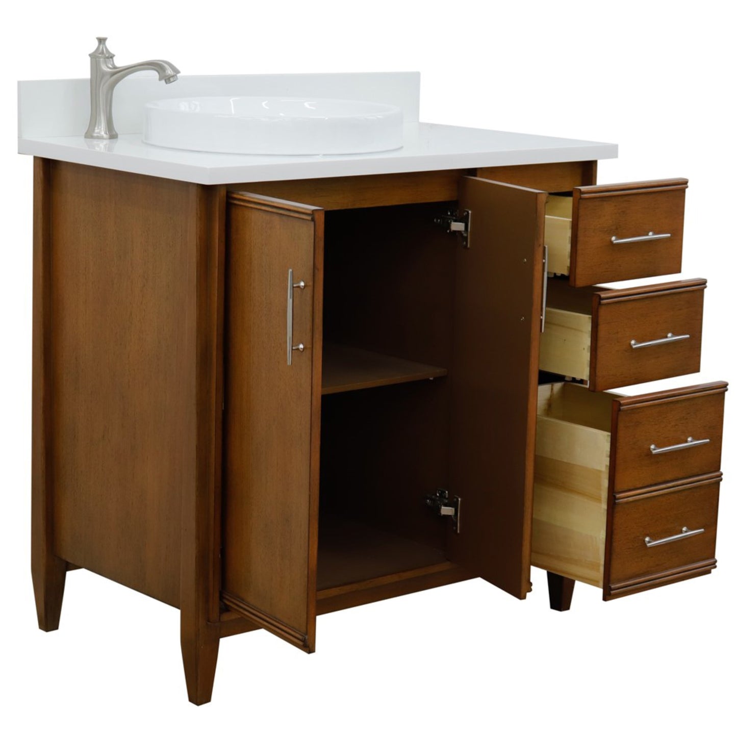 37" Single vanity in Walnut finish with White engineered stone and round sink Left door/Left sink