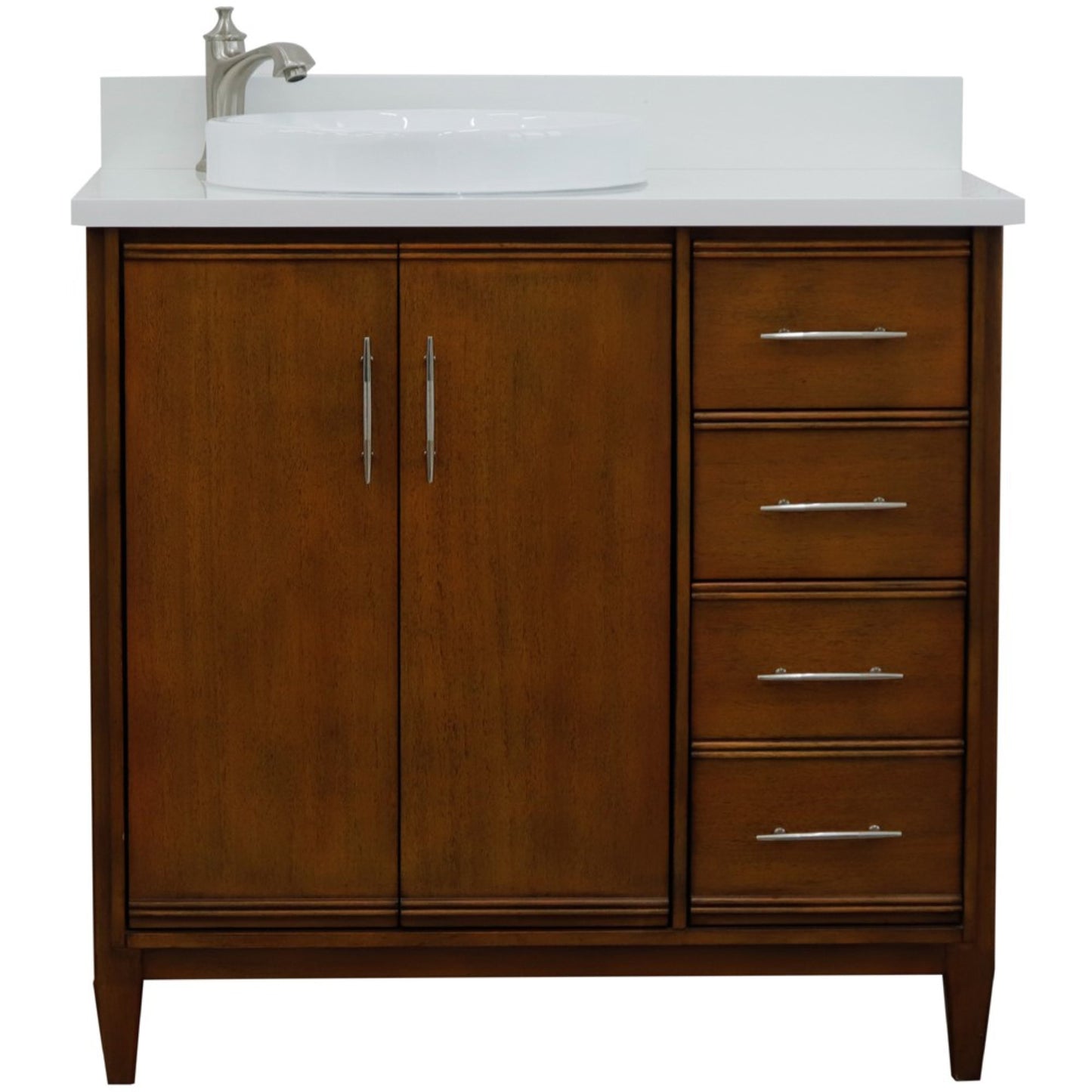 37" Single vanity in Walnut finish with White engineered stone and round sink Left door/Left sink