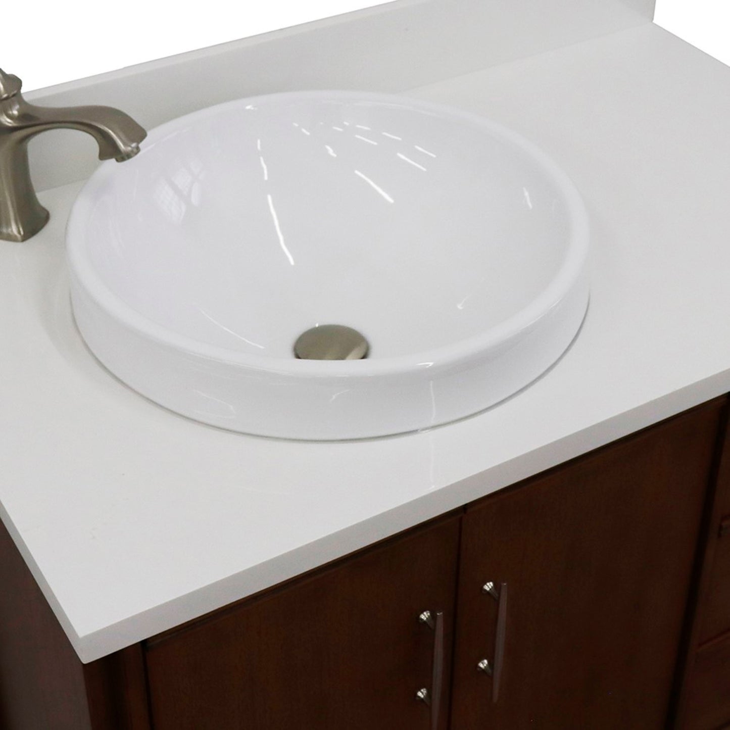37" Single vanity in Walnut finish with White engineered stone and round sink Left door/Left sink