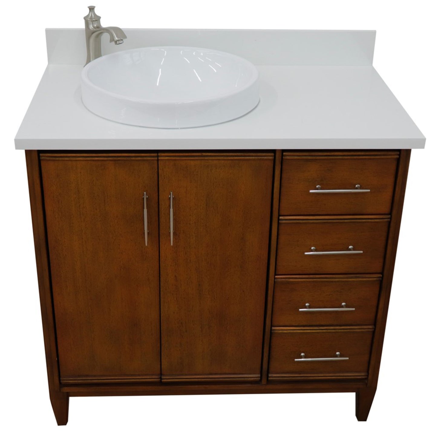 37" Single vanity in Walnut finish with White engineered stone and round sink Left door/Left sink