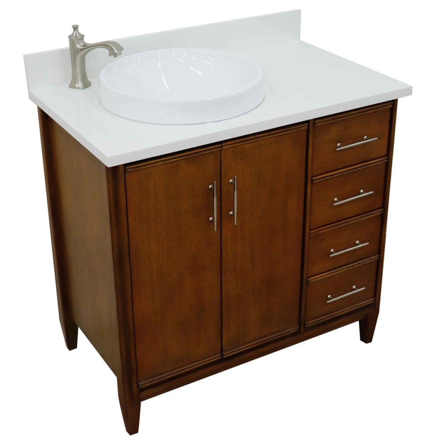 37" Single vanity in Walnut finish with White engineered stone and round sink Left door/Left sink