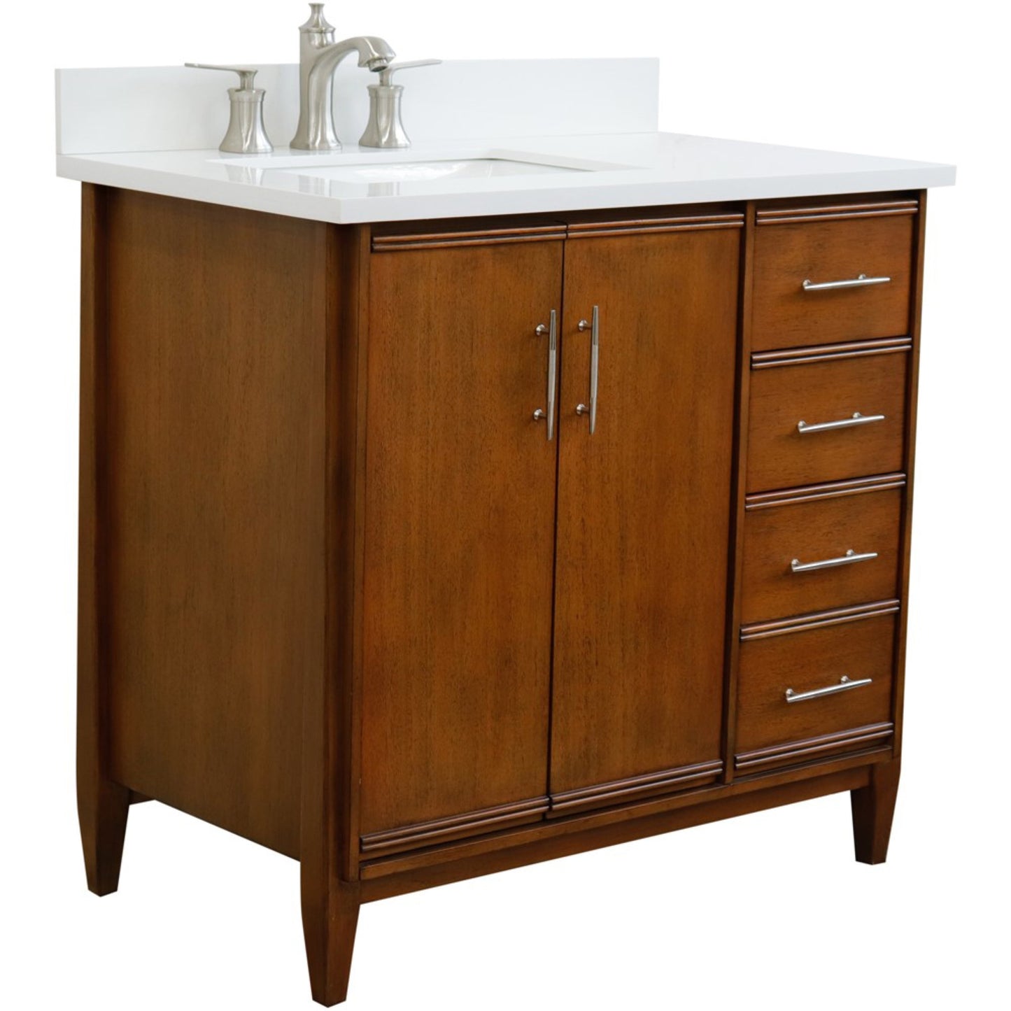 37" Single vanity in Walnut finish with White engineered stone and rectangle sink Left door/Left sink