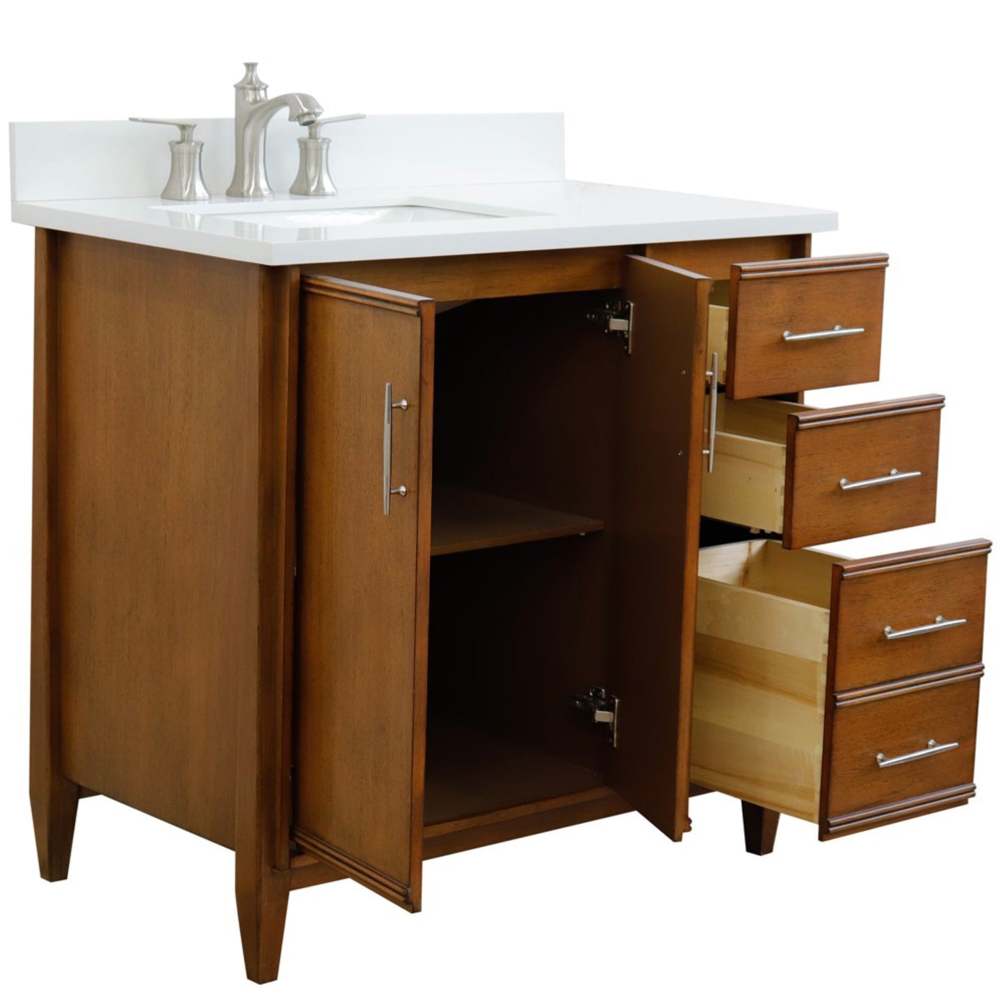 37" Single vanity in Walnut finish with White engineered stone and rectangle sink Left door/Left sink