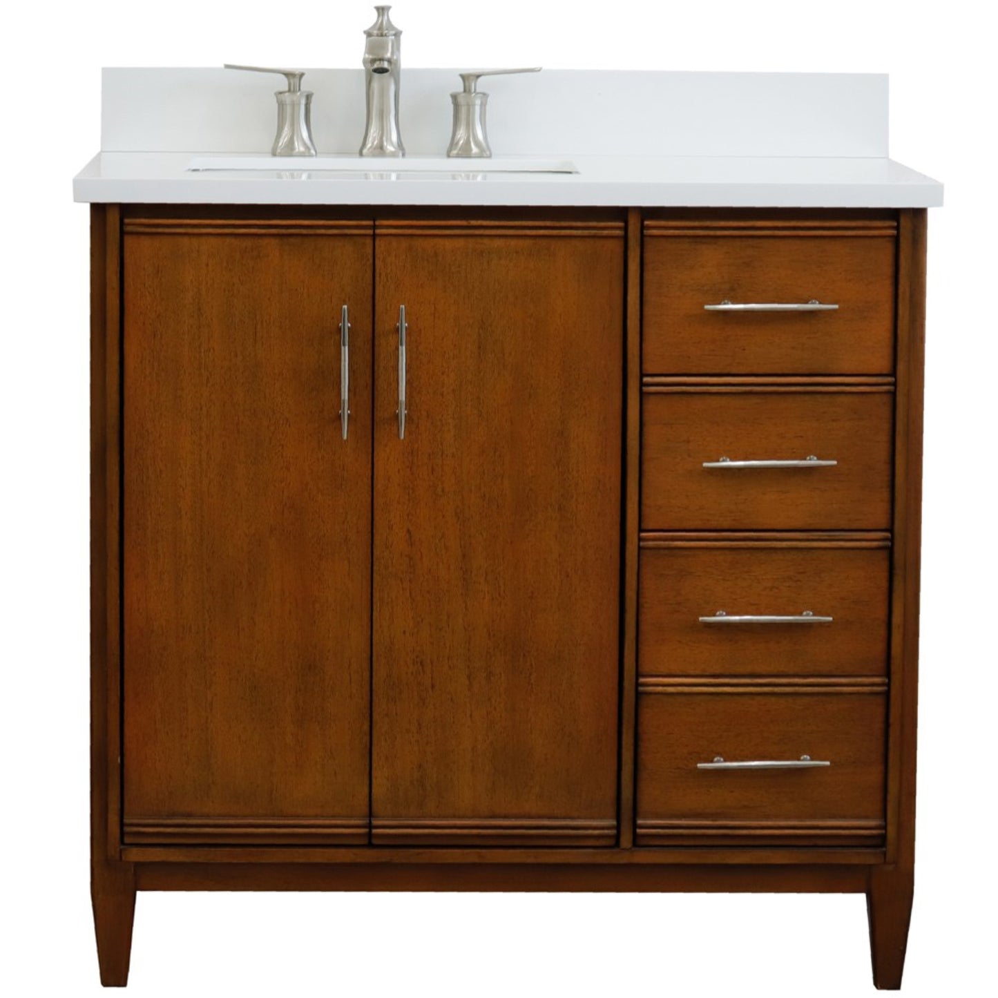 37" Single vanity in Walnut finish with White engineered stone and rectangle sink Left door/Left sink