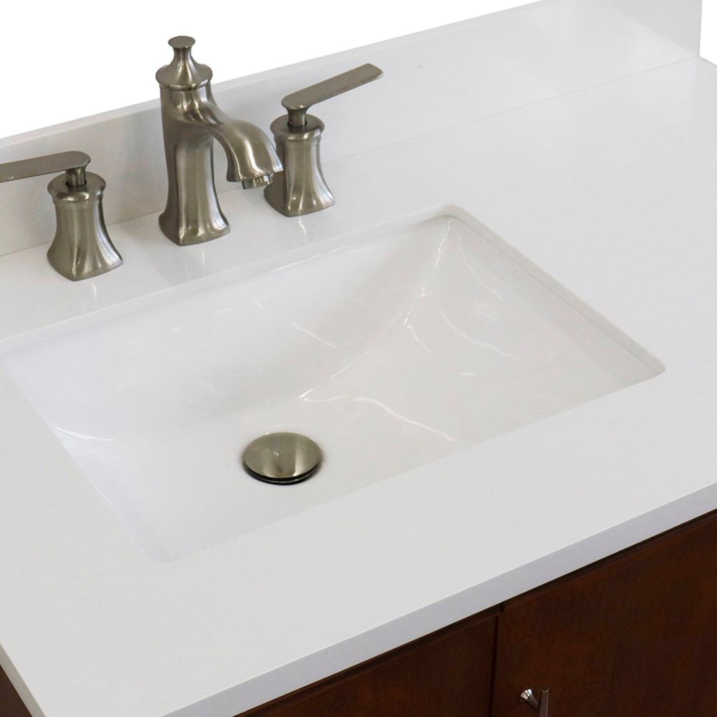 37" Single vanity in Walnut finish with White engineered stone and rectangle sink Left door/Left sink