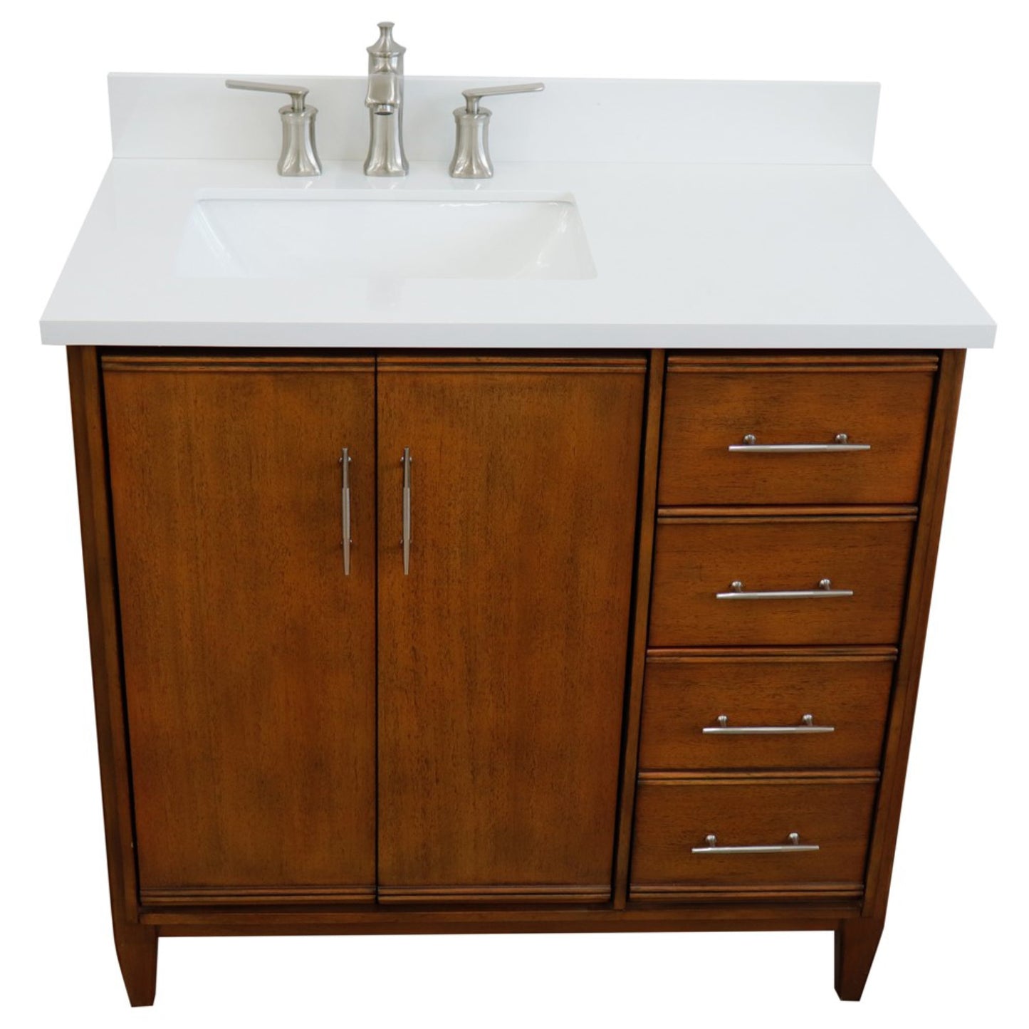 37" Single vanity in Walnut finish with White engineered stone and rectangle sink Left door/Left sink