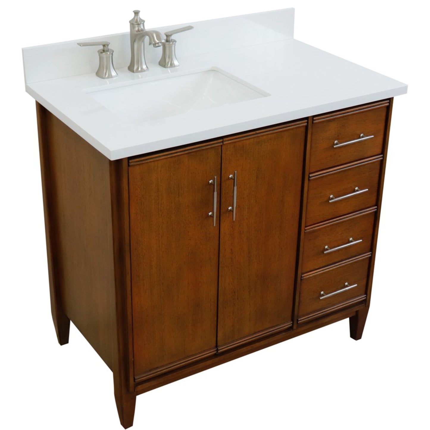 37" Single vanity in Walnut finish with White engineered stone and rectangle sink Left door/Left sink