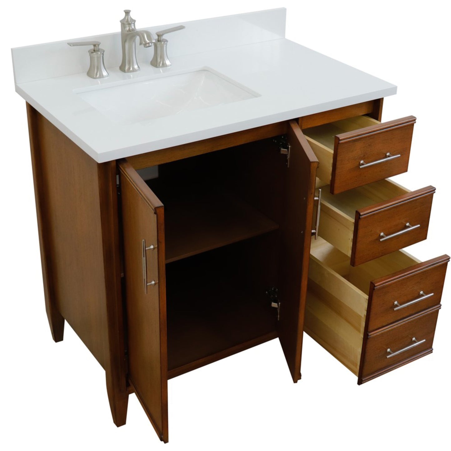 37" Single vanity in Walnut finish with White engineered stone and rectangle sink Left door/Left sink