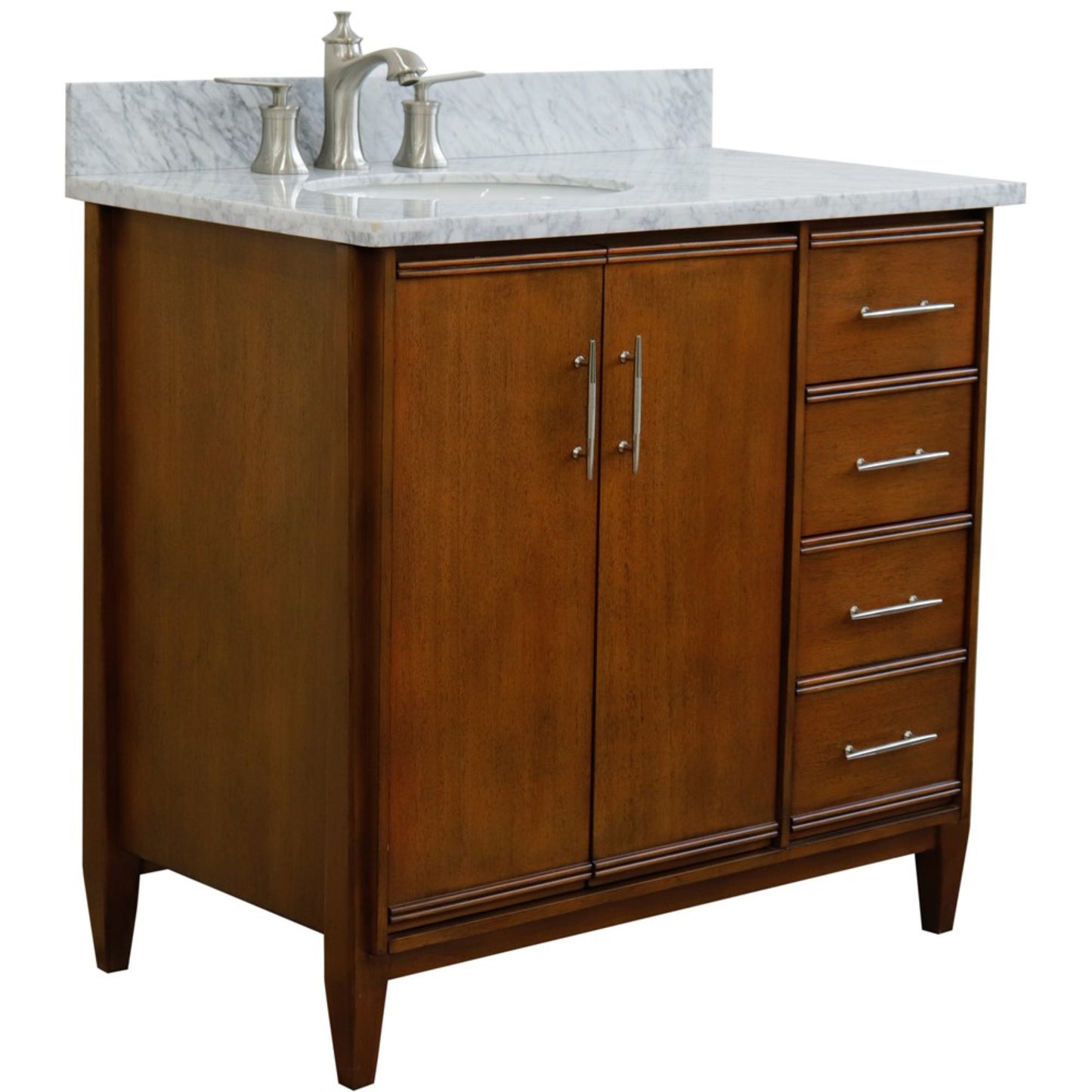 37" Single vanity in Walnut finish with White Carrara and oval sink Left door/Left sink