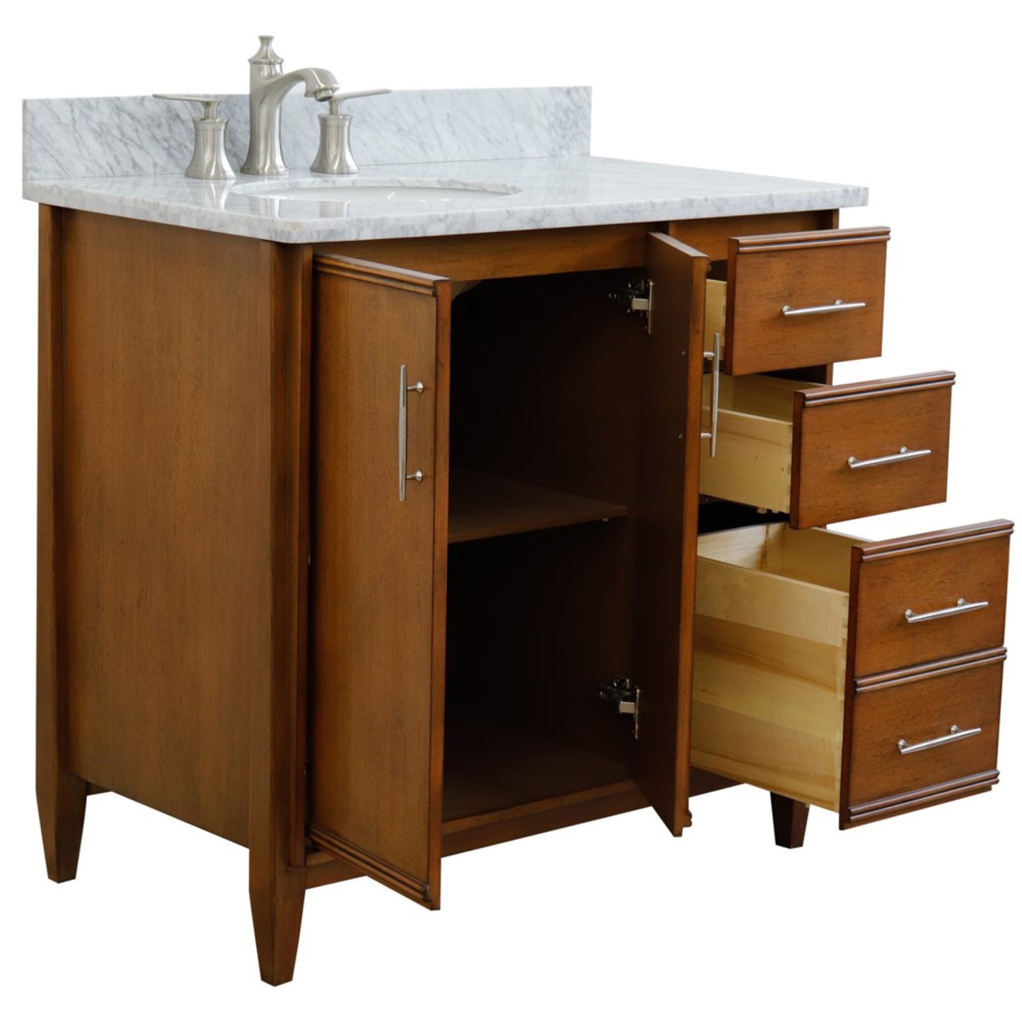 37" Single vanity in Walnut finish with White Carrara and oval sink Left door/Left sink