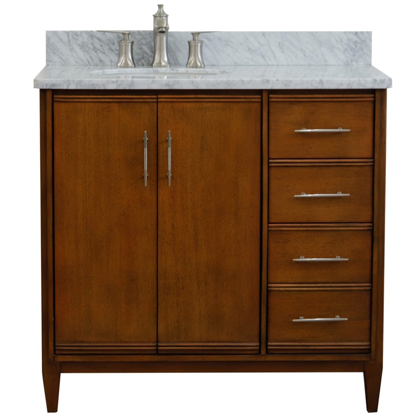 37" Single vanity in Walnut finish with White Carrara and oval sink Left door/Left sink