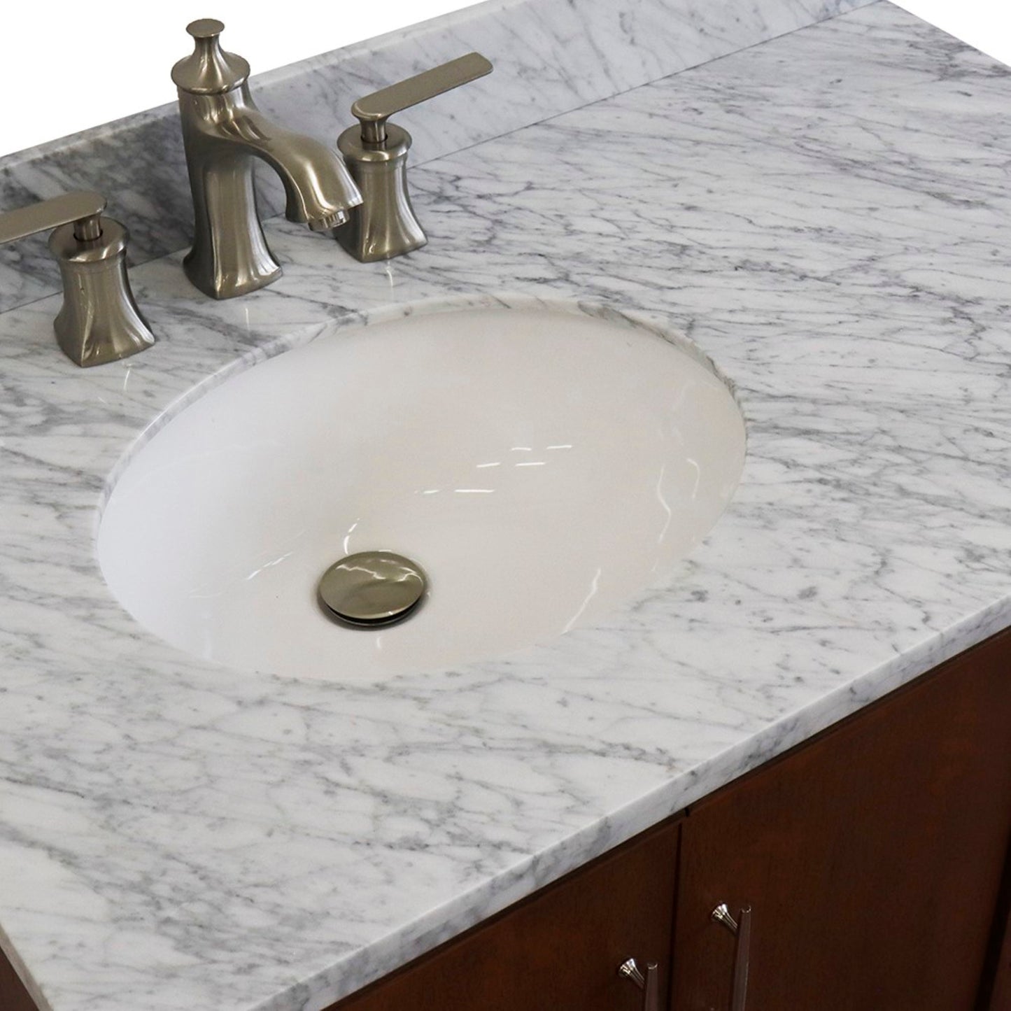 37" Single vanity in Walnut finish with White Carrara and oval sink Left door/Left sink