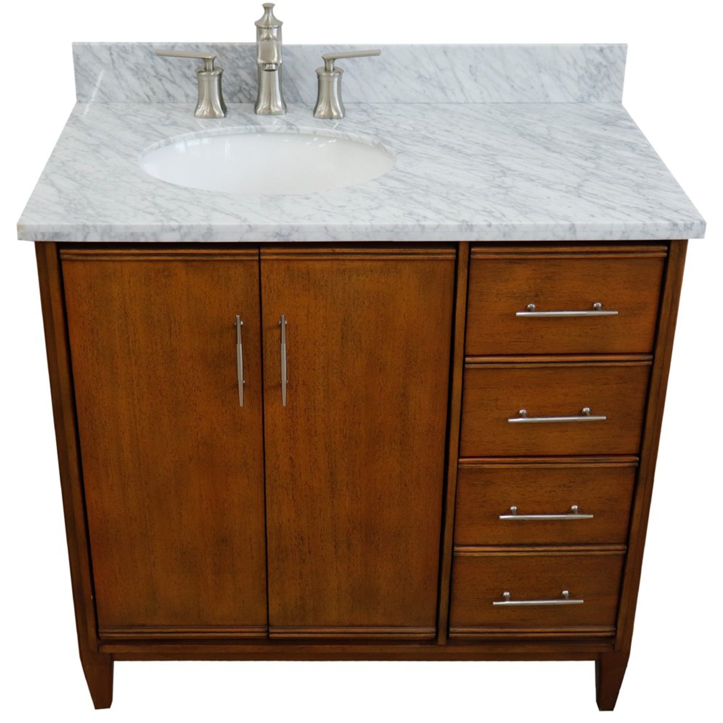 37" Single vanity in Walnut finish with White Carrara and oval sink Left door/Left sink