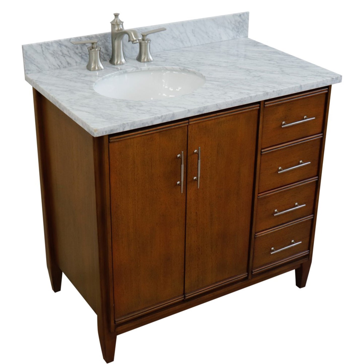 37" Single vanity in Walnut finish with White Carrara and oval sink Left door/Left sink