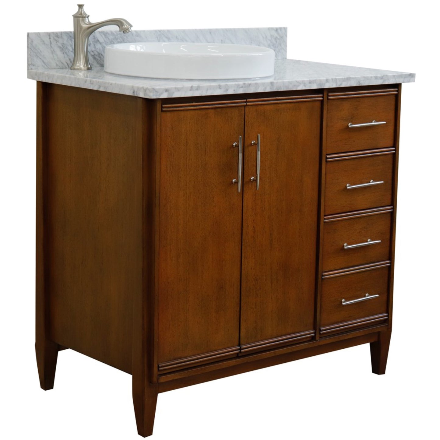 37" Single vanity in Walnut finish with White Carrara and round sink Left door/Left sink