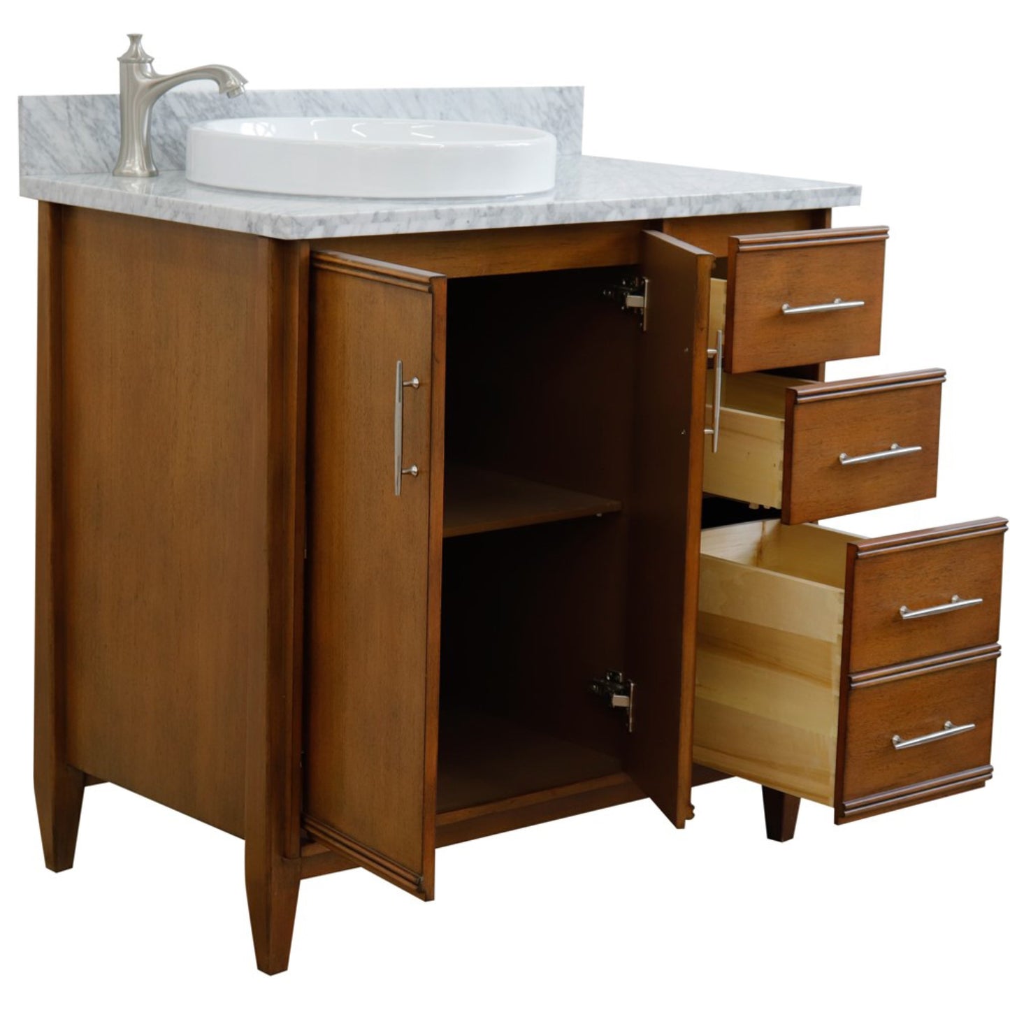 37" Single vanity in Walnut finish with White Carrara and round sink Left door/Left sink