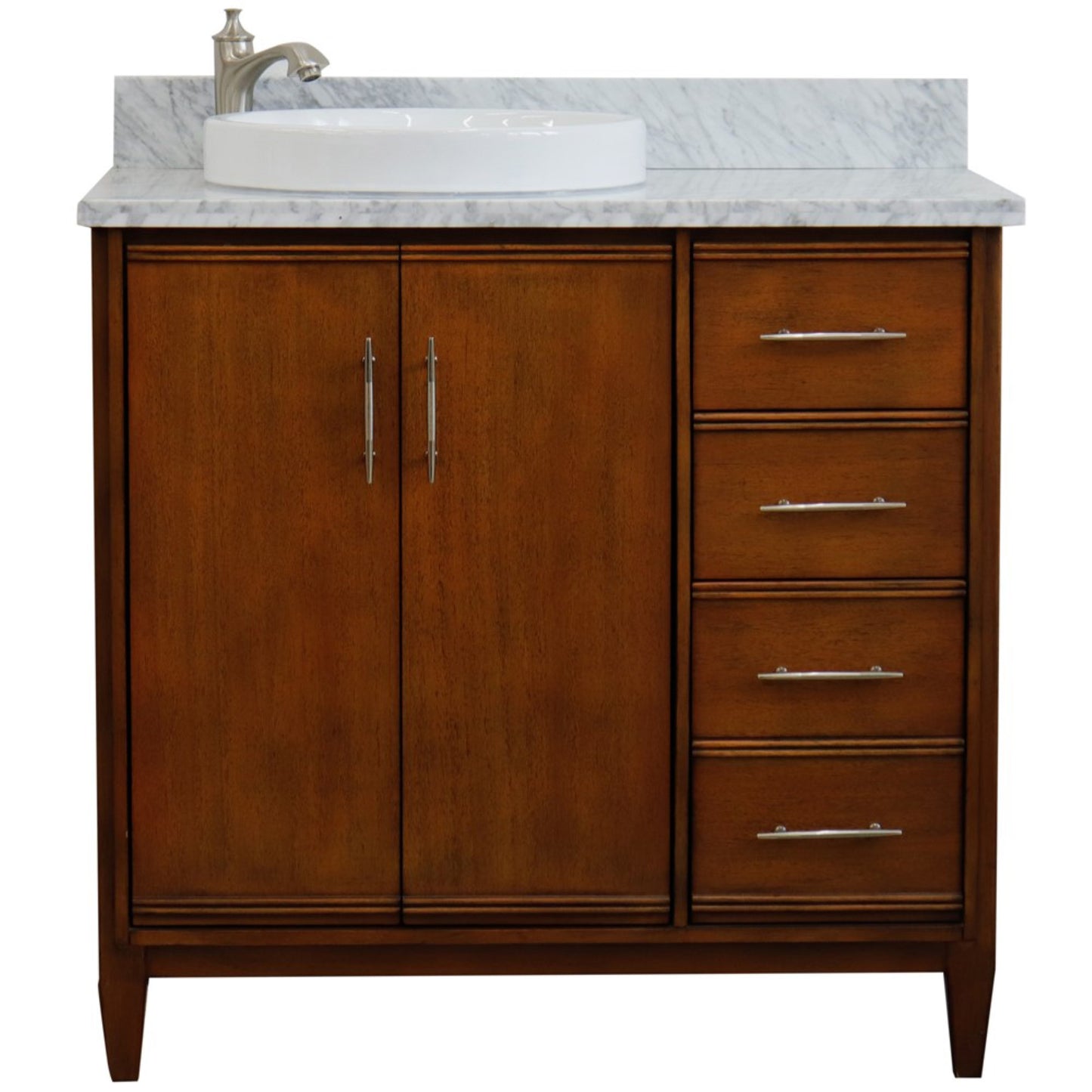 37" Single vanity in Walnut finish with White Carrara and round sink Left door/Left sink