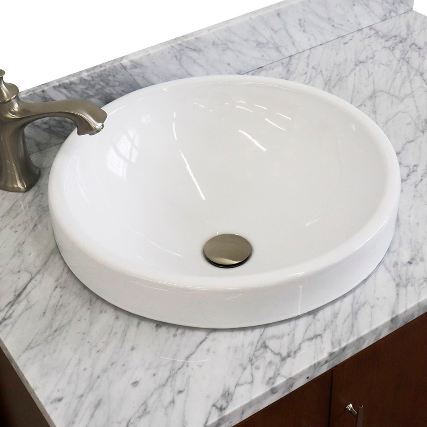 37" Single vanity in Walnut finish with White Carrara and round sink Left door/Left sink