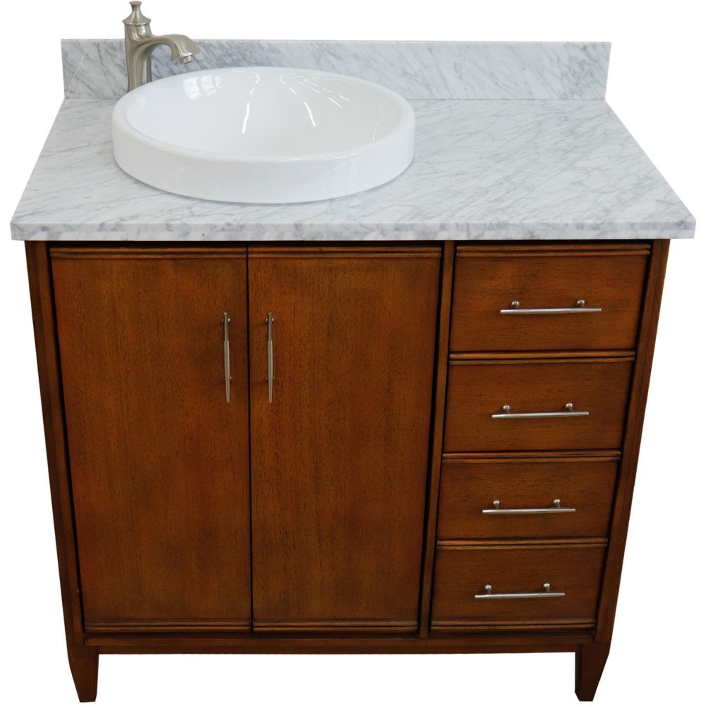 37" Single vanity in Walnut finish with White Carrara and round sink Left door/Left sink
