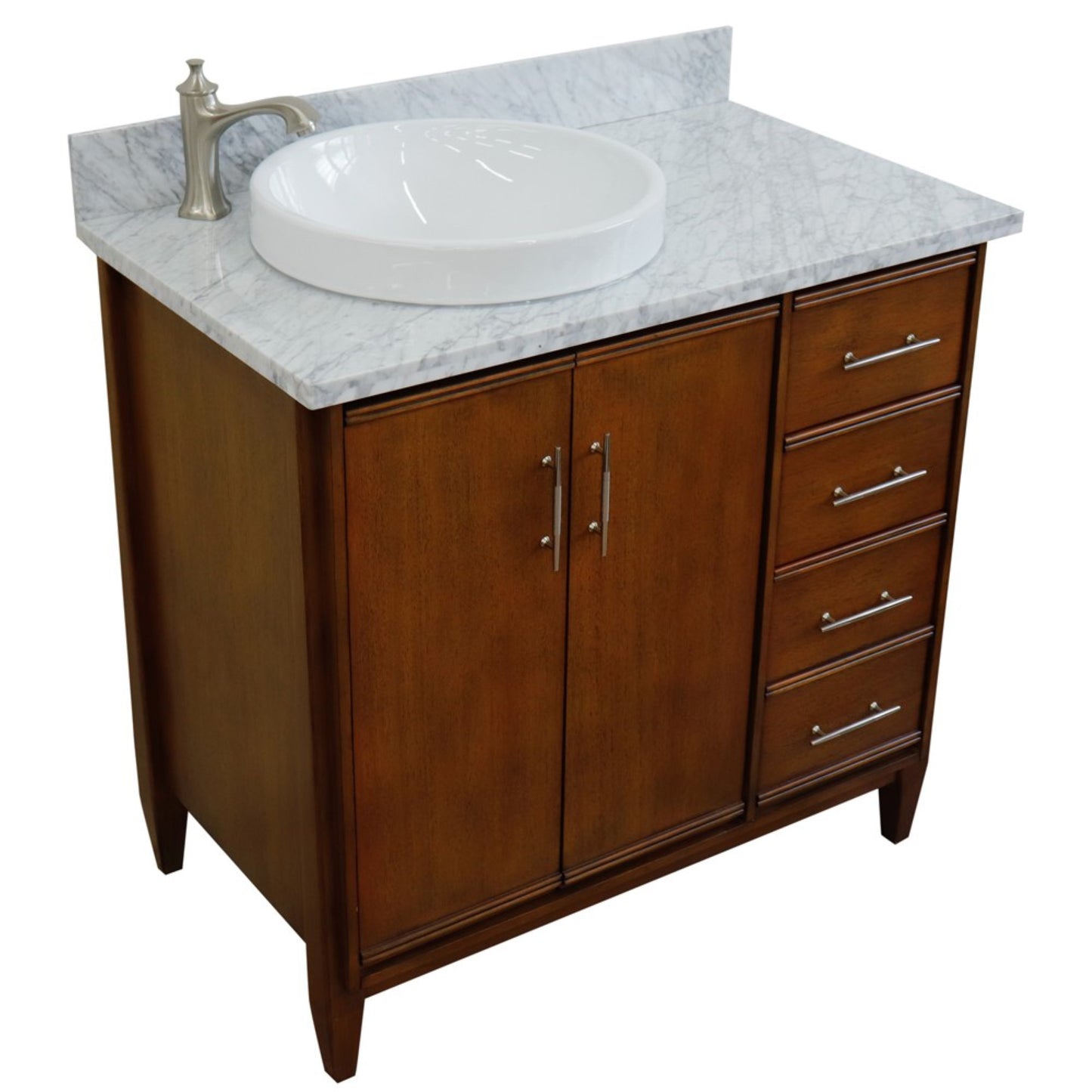 37" Single vanity in Walnut finish with White Carrara and round sink Left door/Left sink