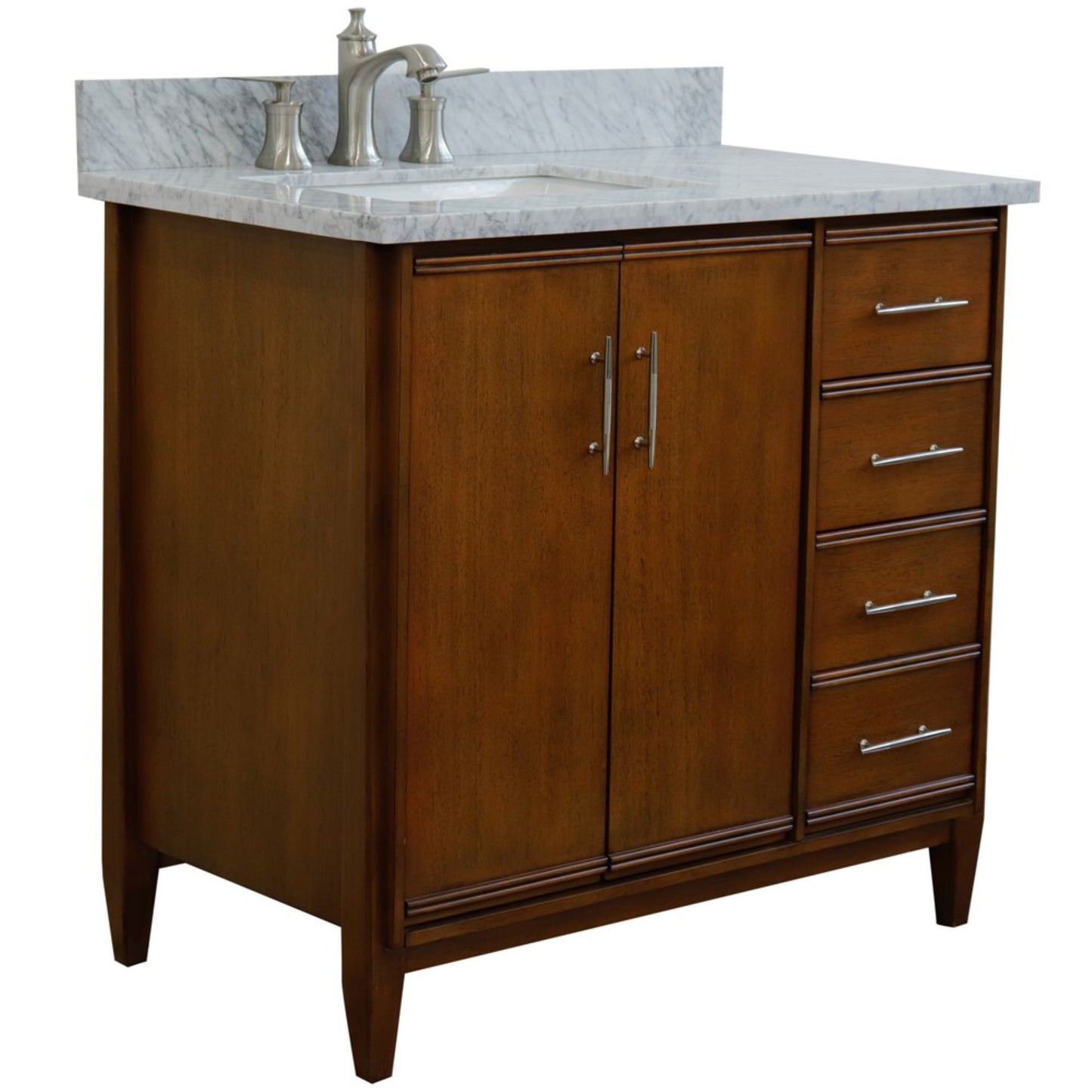 37" Single vanity in Walnut finish with White Carrara and rectangle sink Left door/Left sink
