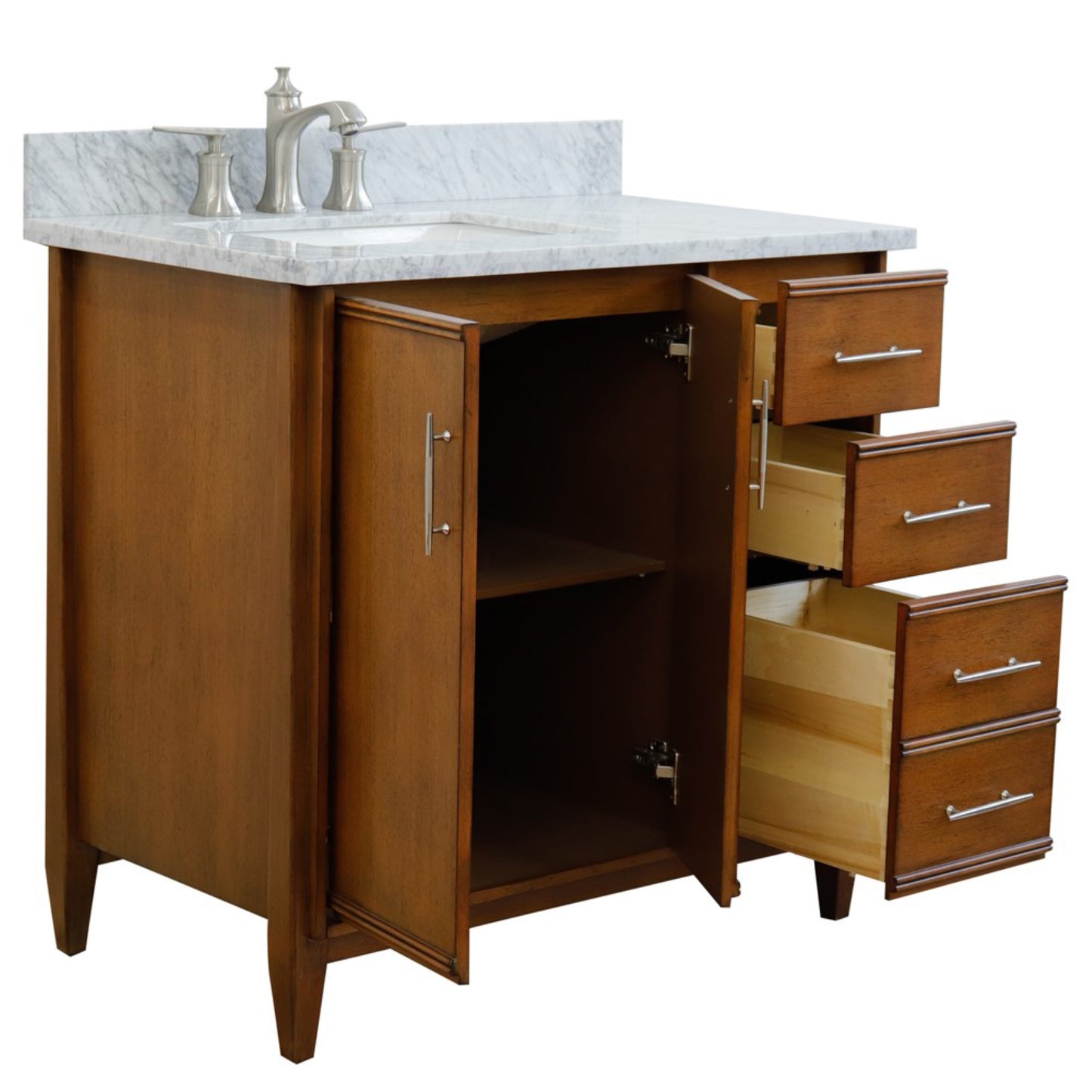 37" Single vanity in Walnut finish with White Carrara and rectangle sink Left door/Left sink