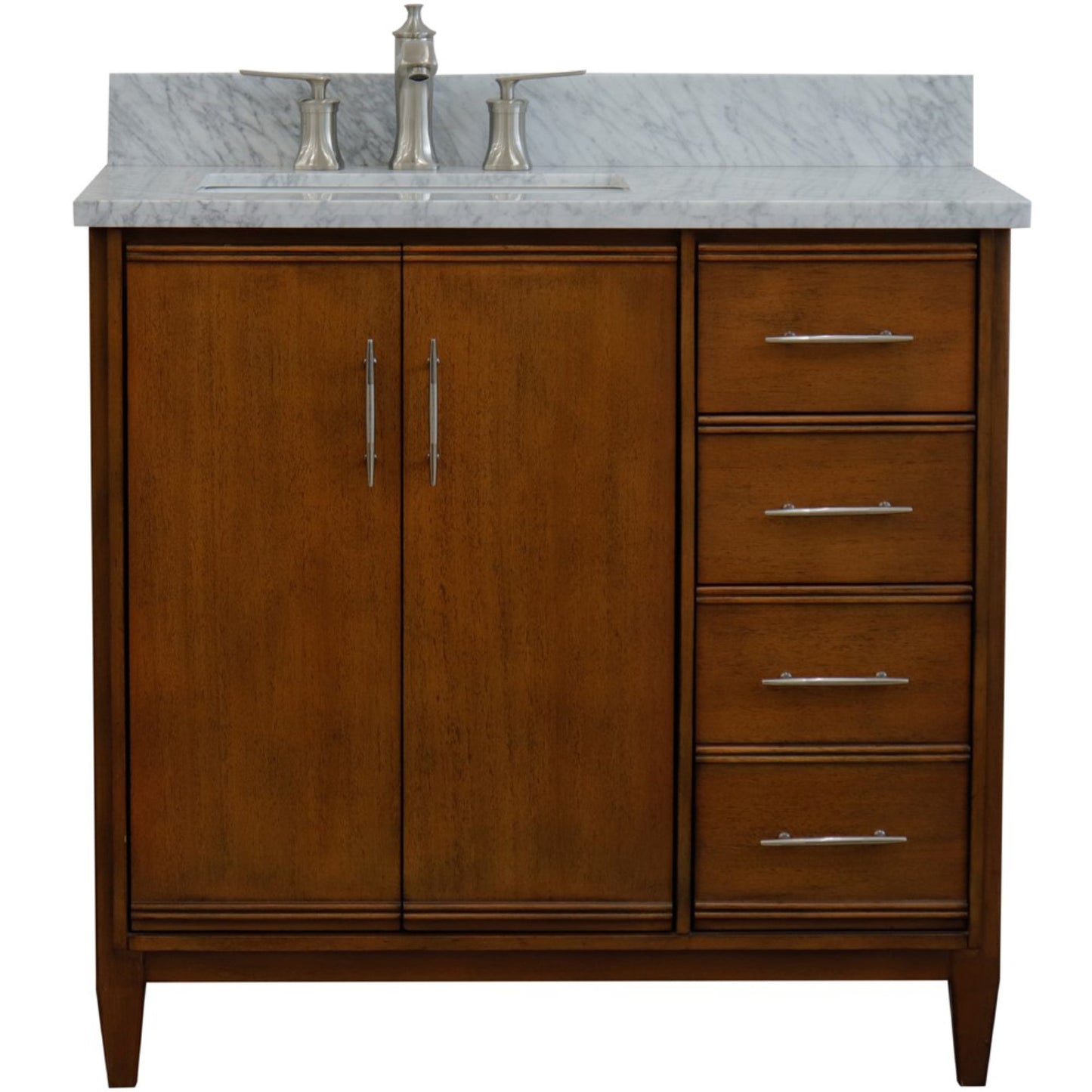 37" Single vanity in Walnut finish with White Carrara and rectangle sink Left door/Left sink
