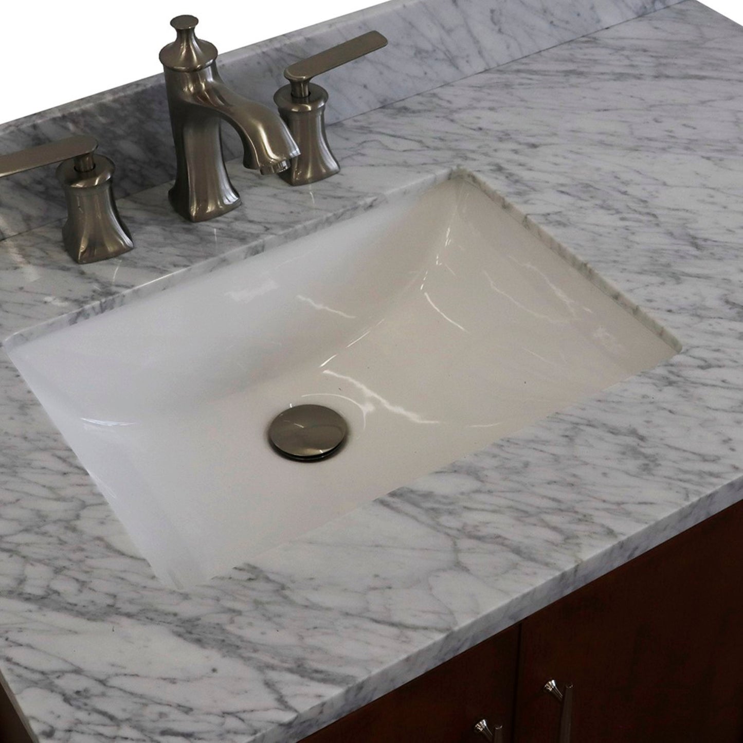 37" Single vanity in Walnut finish with White Carrara and rectangle sink Left door/Left sink