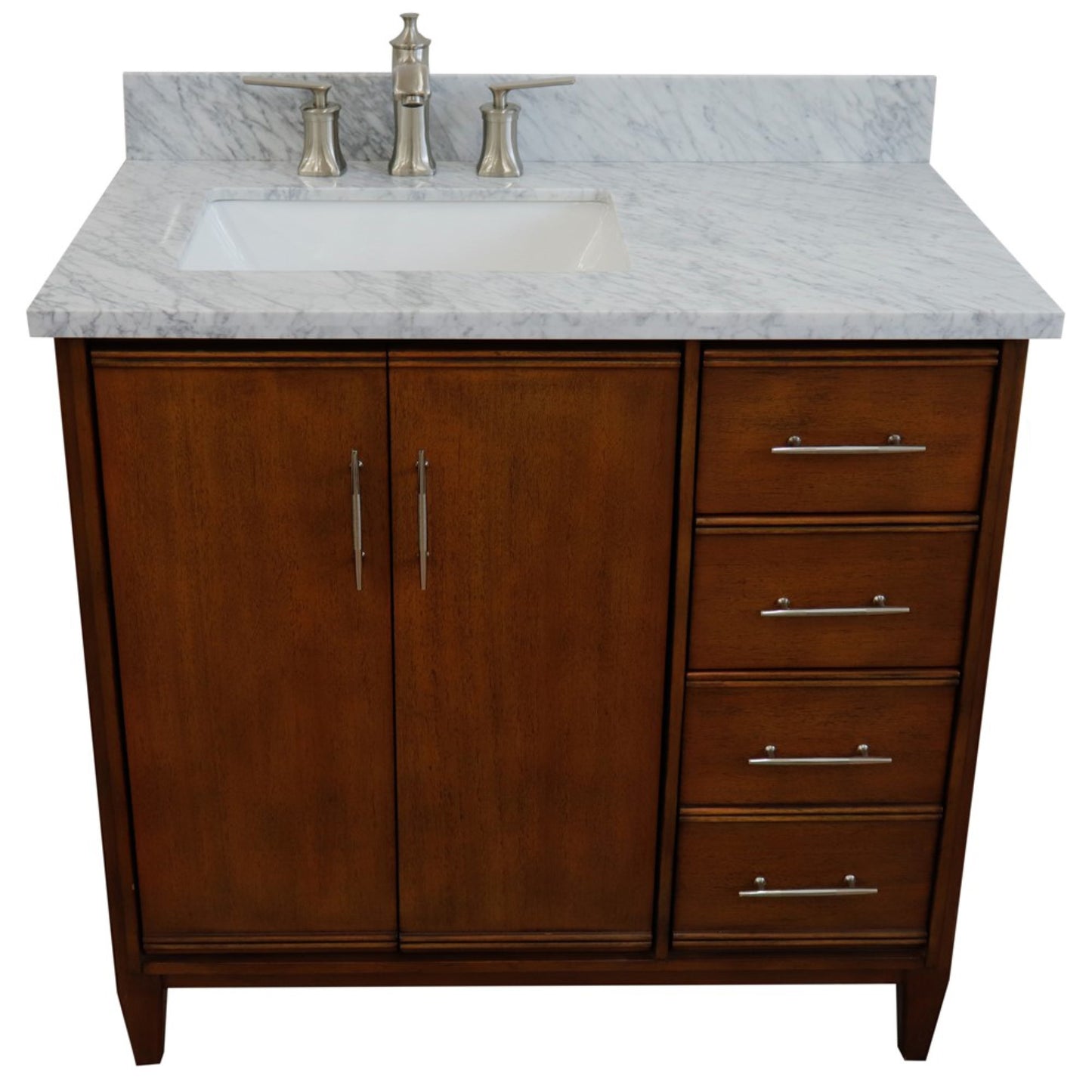 37" Single vanity in Walnut finish with White Carrara and rectangle sink Left door/Left sink
