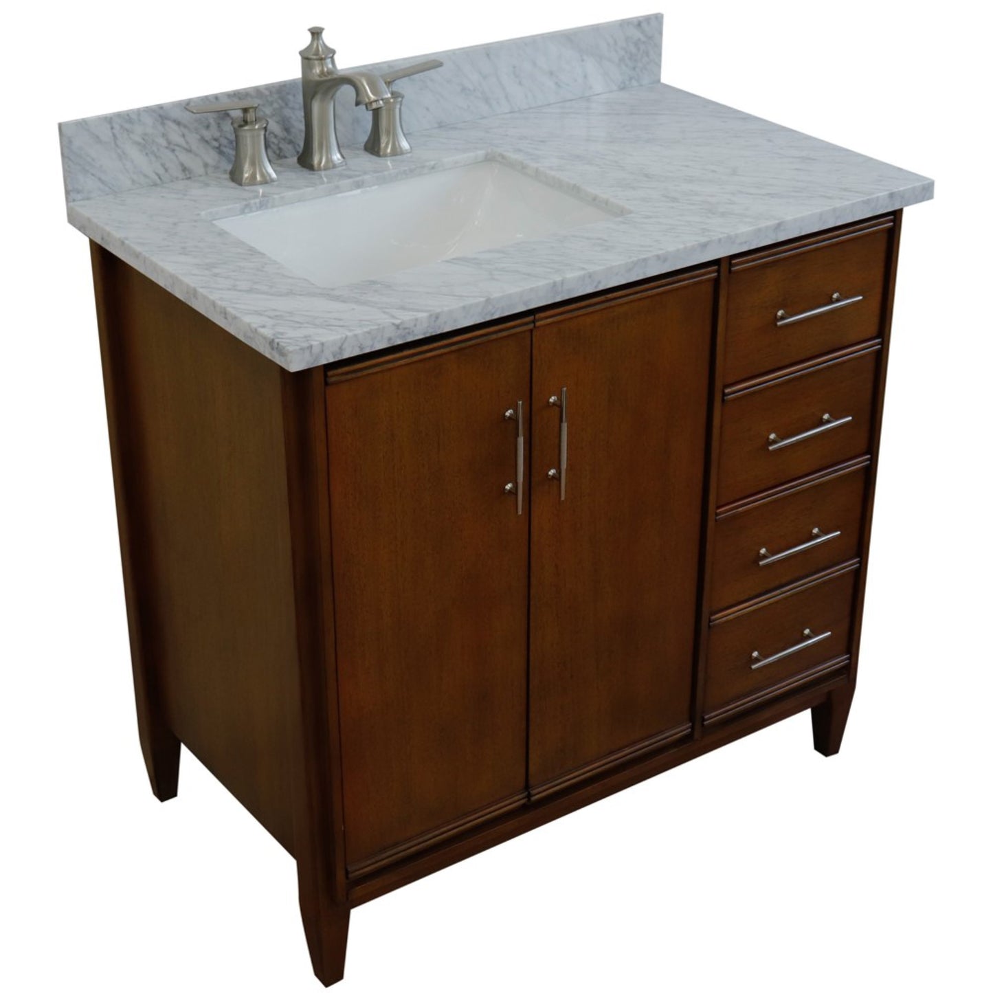 37" Single vanity in Walnut finish with White Carrara and rectangle sink Left door/Left sink