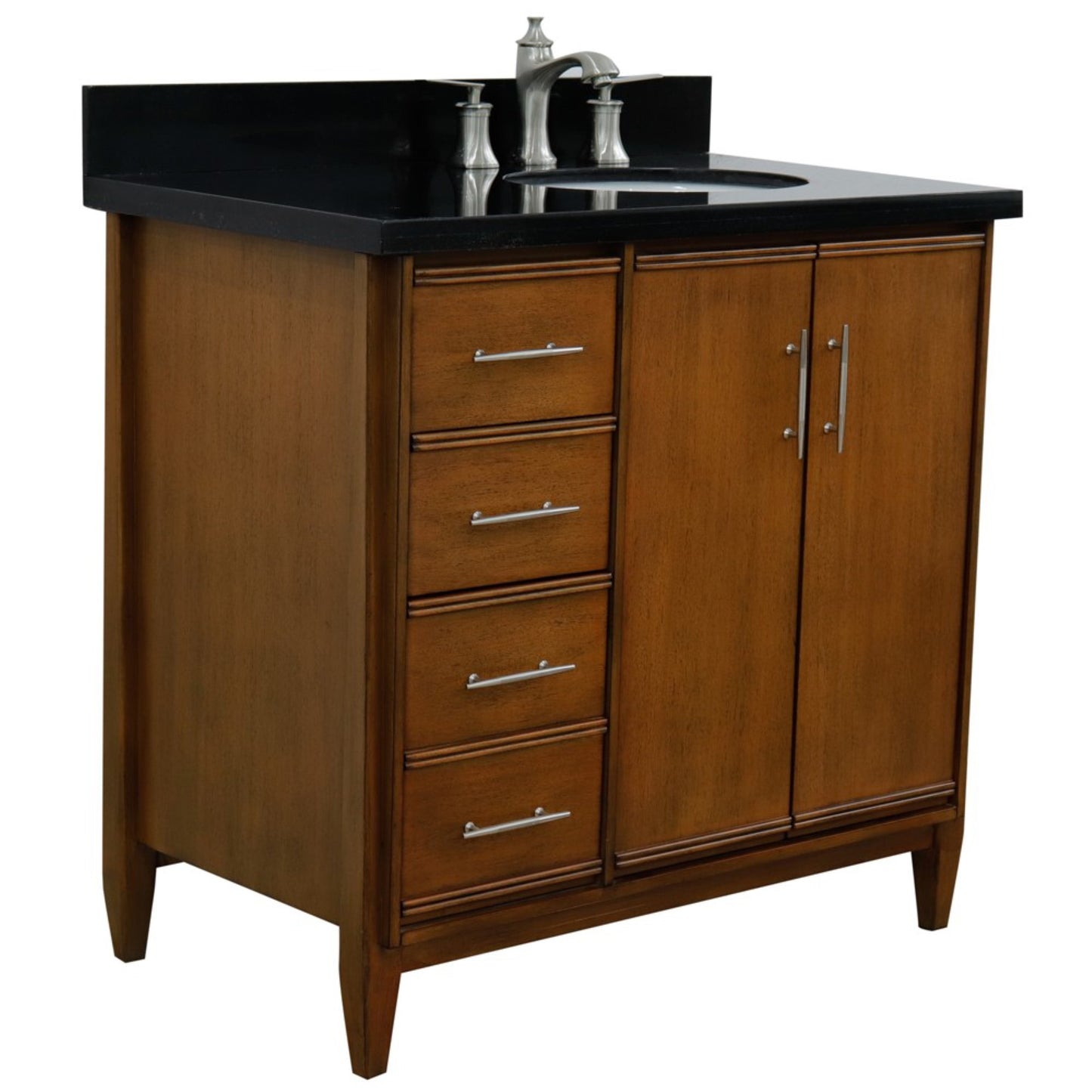 37" Single vanity in Walnut finish with Black galaxy and oval sink Right door/Right sink