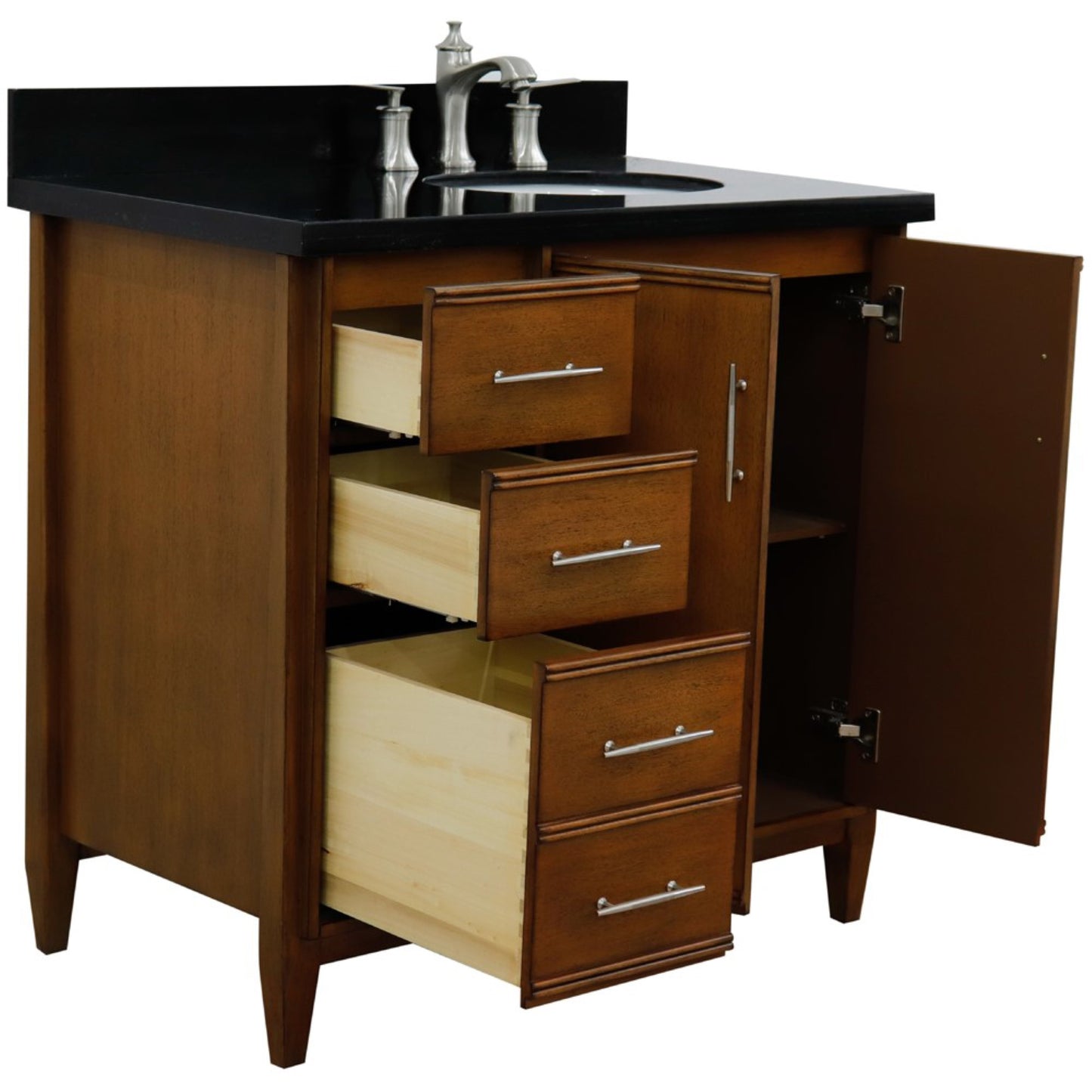 37" Single vanity in Walnut finish with Black galaxy and oval sink Right door/Right sink