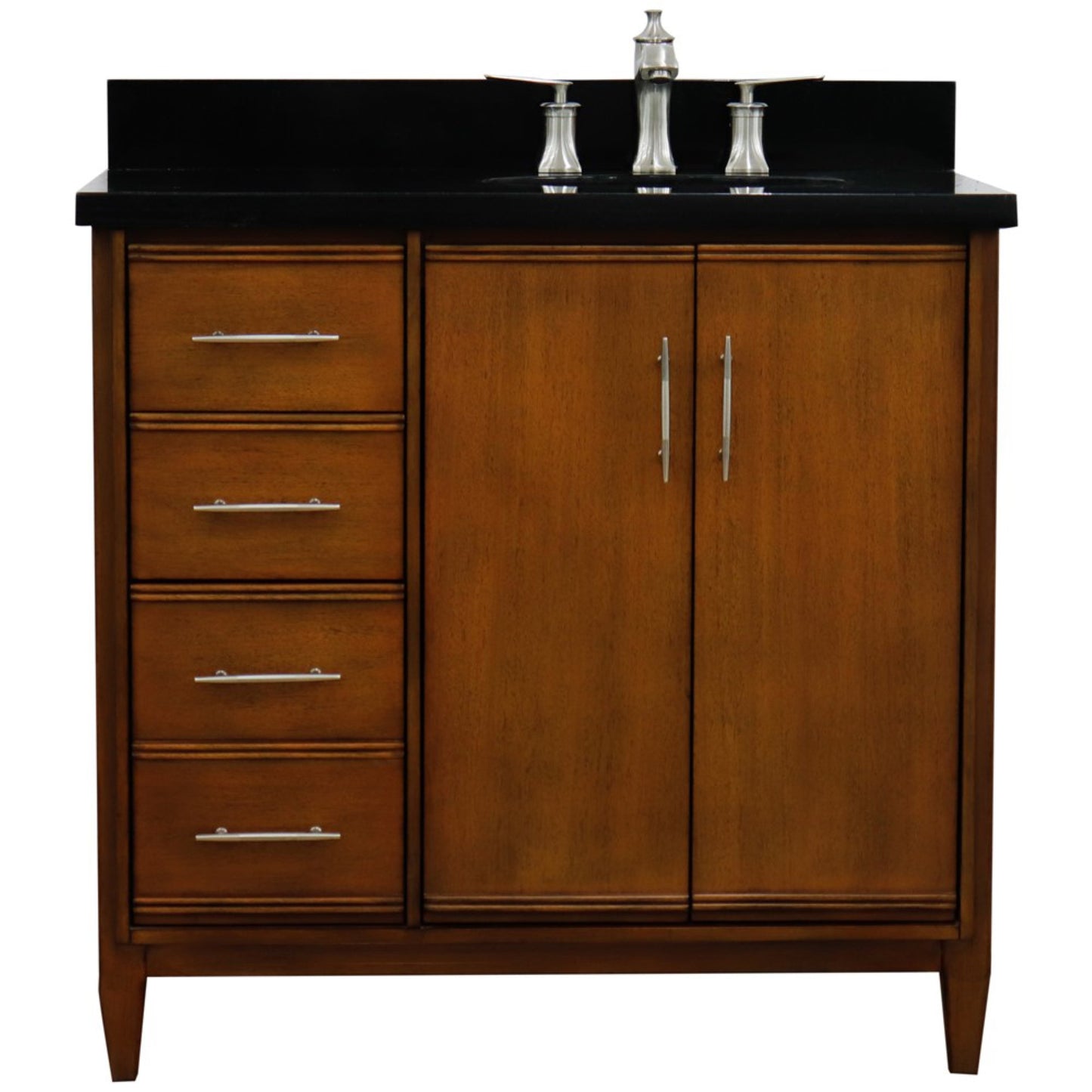 37" Single vanity in Walnut finish with Black galaxy and oval sink Right door/Right sink