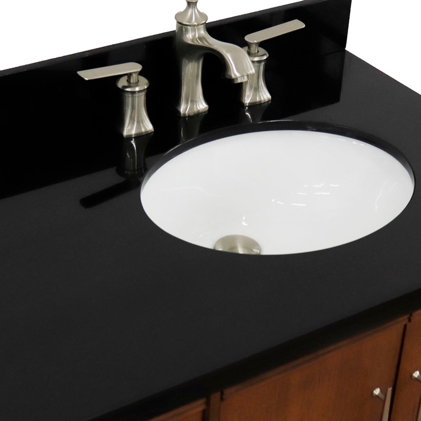 37" Single vanity in Walnut finish with Black galaxy and oval sink Right door/Right sink