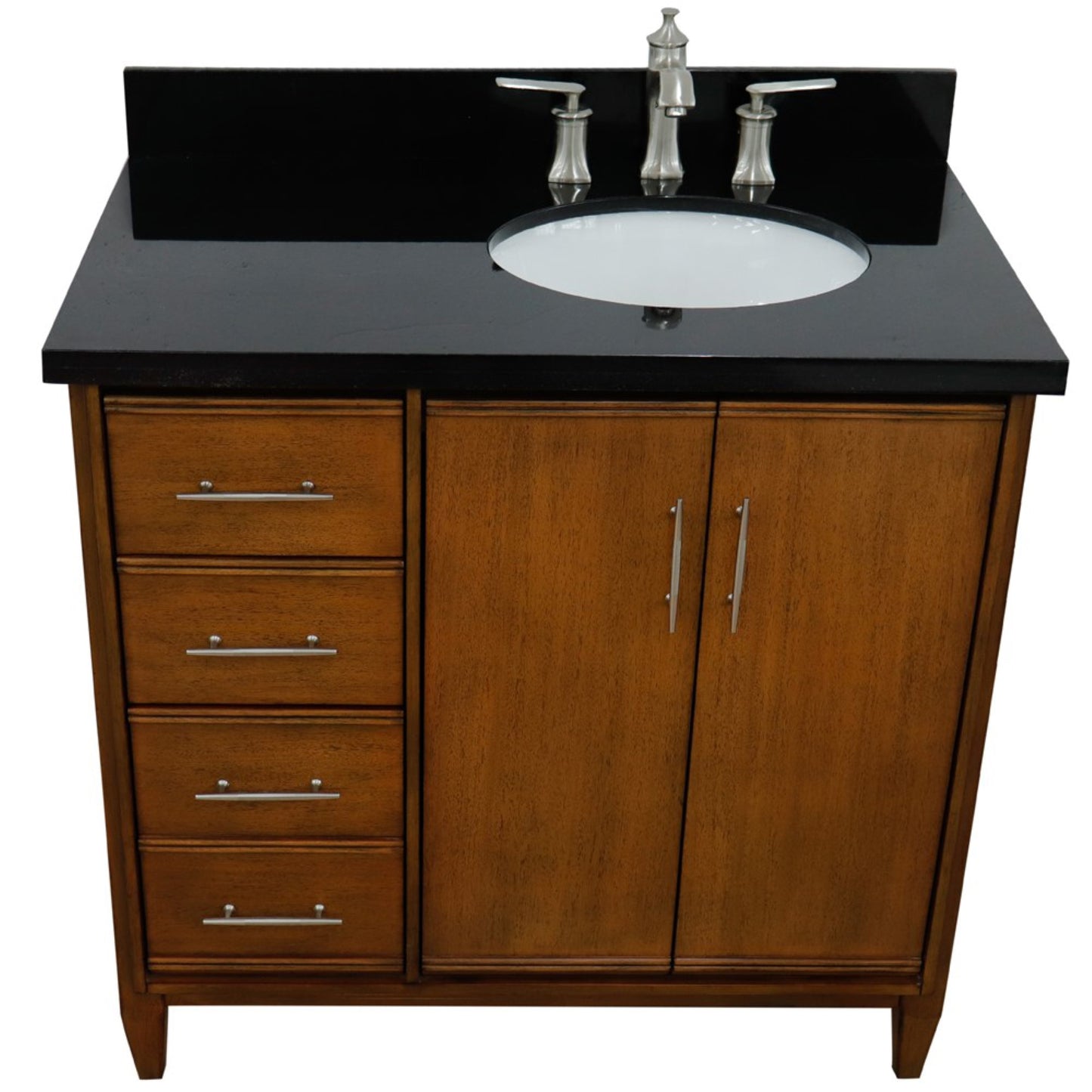 37" Single vanity in Walnut finish with Black galaxy and oval sink Right door/Right sink