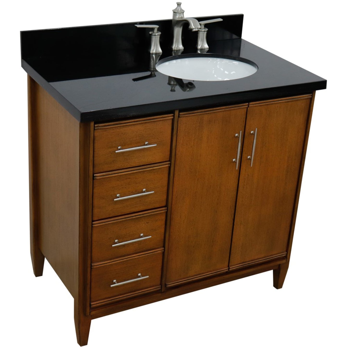 37" Single vanity in Walnut finish with Black galaxy and oval sink Right door/Right sink