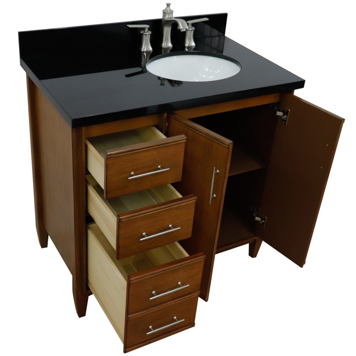 37" Single vanity in Walnut finish with Black galaxy and oval sink Right door/Right sink