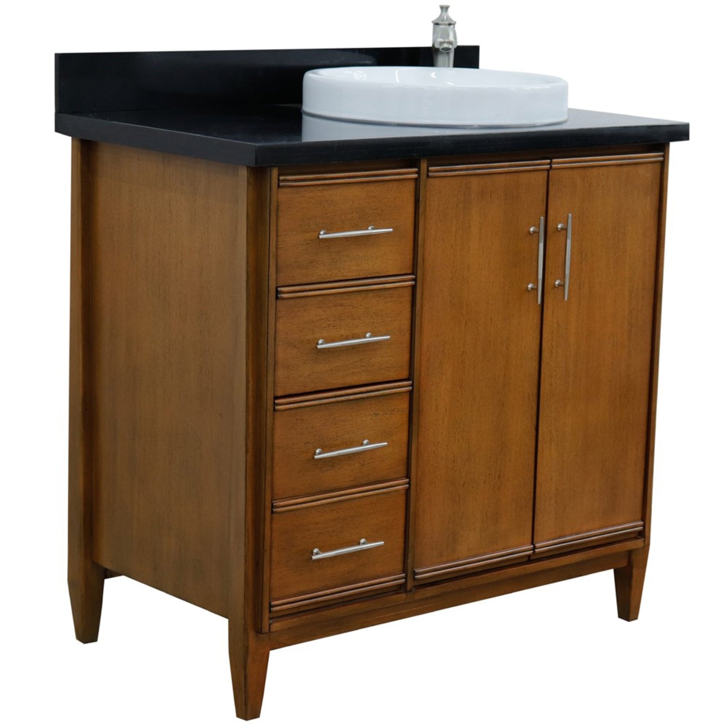 37" Single vanity in Walnut finish with Black galaxy and round sink Right door/Right sink
